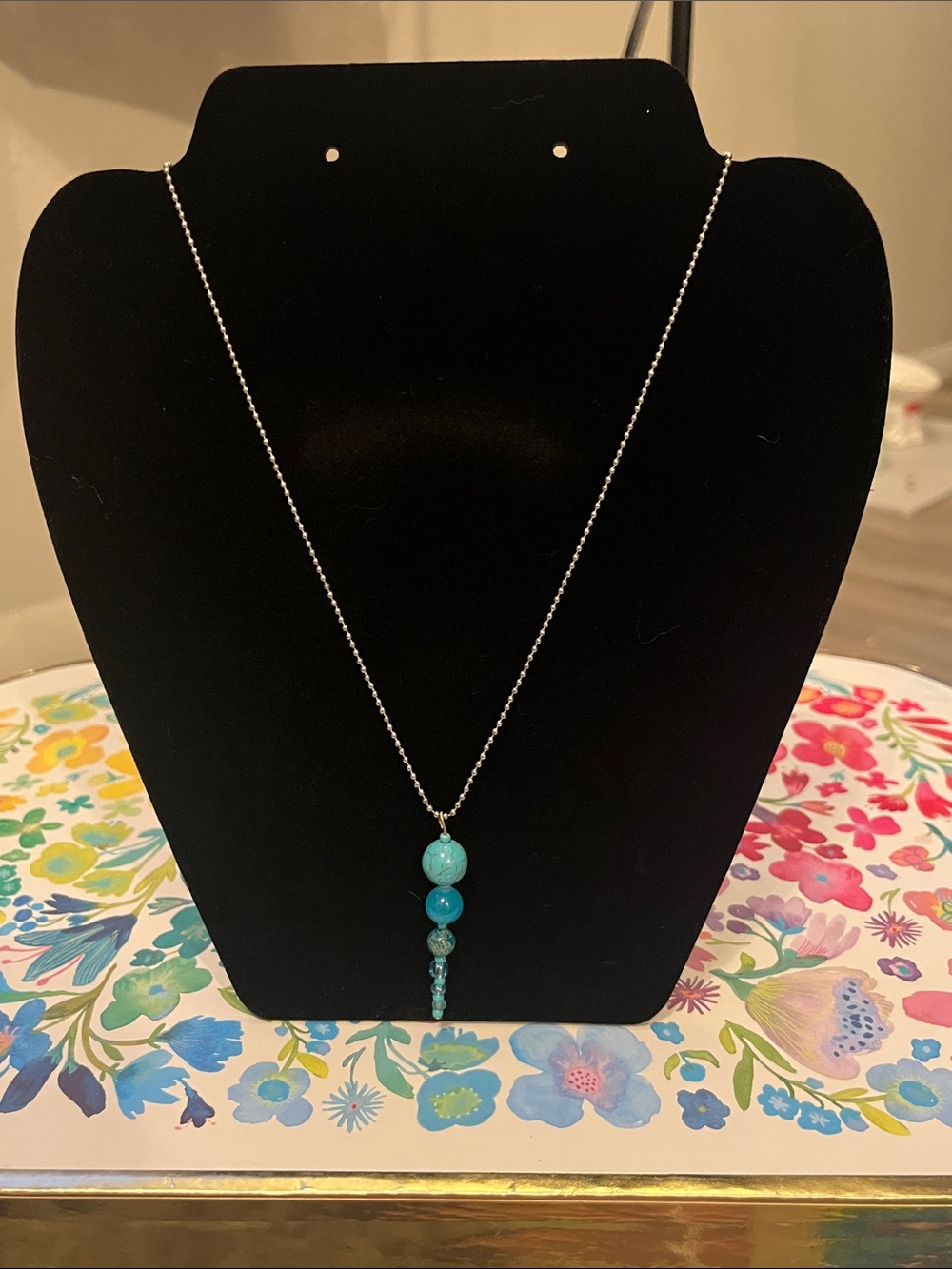 HANDMADE Turquoise Bead Pendant Necklace - Silver Chain